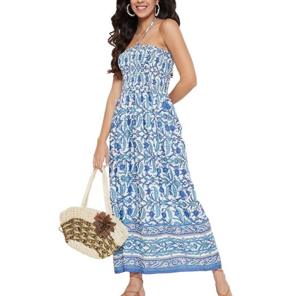 Gypsieblu Blue Floral Printed Polyester Tube Dress Size Small K2 - Picture 1 of 7